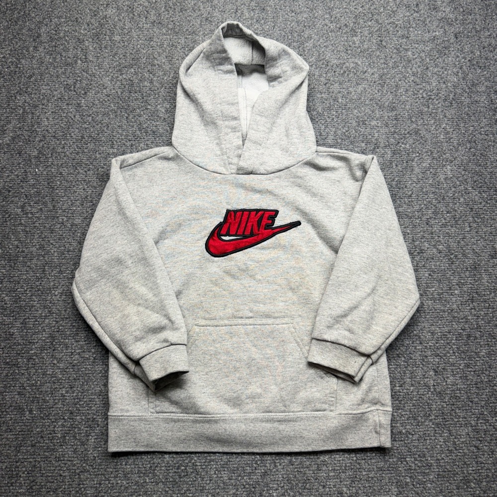 VTG Nike Kids Gray Pullover Hoodie Red Black Embroidered Logo Kangaroo Pocket